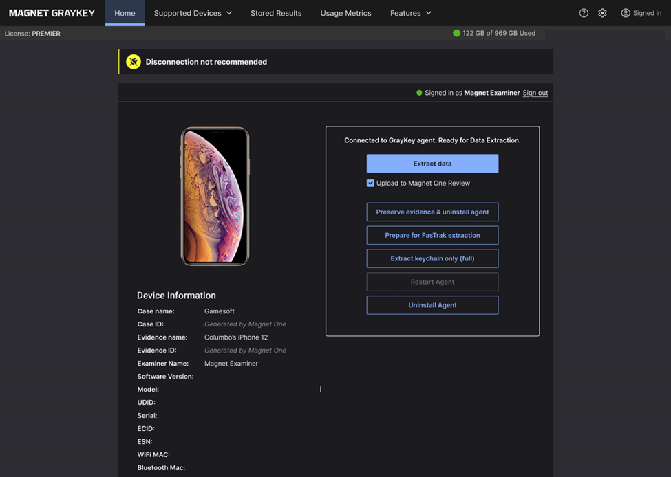 A screenshot of the Magnet Graykey mobile extraction screen, showing the new Mobile Case Stream option for Magnet One.