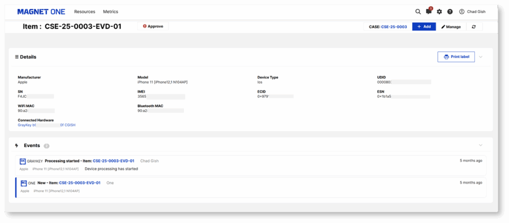 A screenshot of Magnet One showcasing a device added to a case and it's details.